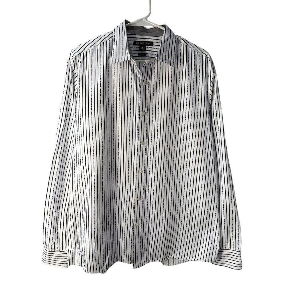 Michael Kors Classic Fit XL White & Navy Striped 100% Cotton Button-Up Shirt EUC